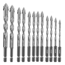 Four-Flute Sawtooth Eccentric Drill Bit Set, Tungsten Steel Carbide Serrated Bits, High-Strength Dry Drill Bits with 4-Edged Design, for Wood, Marble, Metal, Concrete & Tiles (Primary Colours-12pcs)