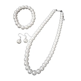 tenghong2021 Fashion Classic Faux Pearl Jewelry Set Necklace Bracelet Earrings for Women Best Gift for Birthday Valentine's Day Christmas New Year-White