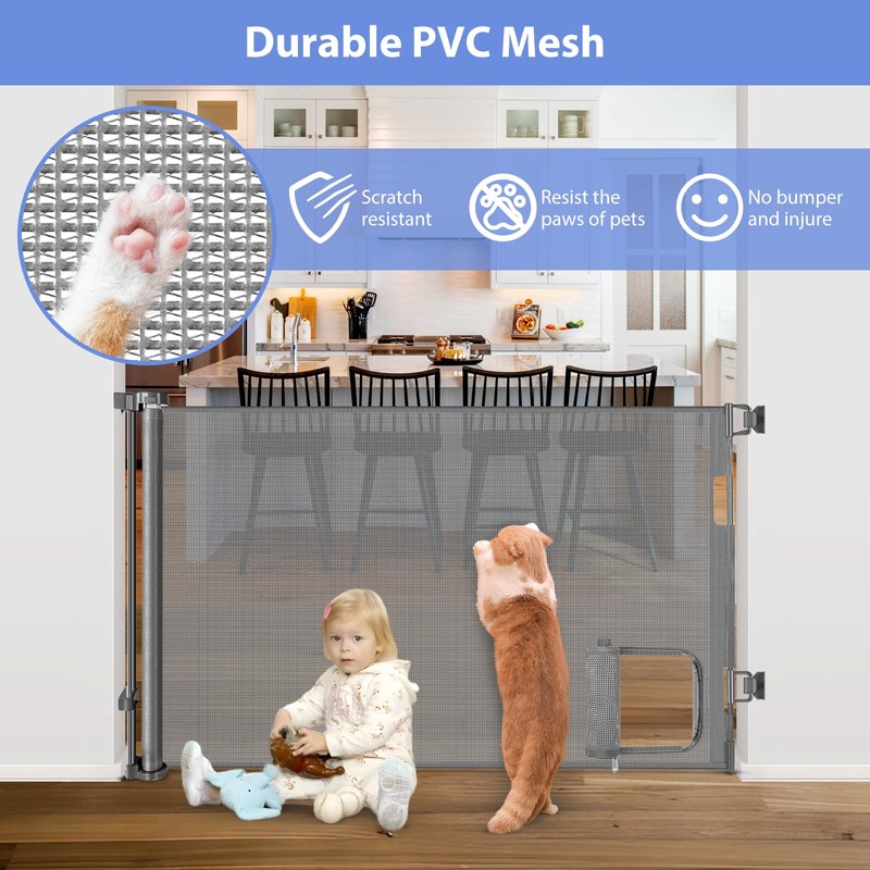 Retractable Dog Gate with Cat Door 55" Wide Retractable Pet