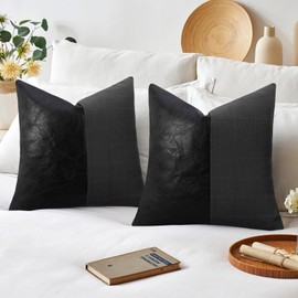 cygnus Faux Leather Patchwork Linen Checkered Plaid Throw Pillow Covers 18x18 Inch Set of 2 Netural Farmhouse Vintage Cushion Covers Modern Boho Home Decor for Sofa Chair Couch Bedroom,Black