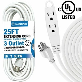 Kasonic 25 -100Feet Extension Cord, 3 Outlet Power Heavy Duty In/Outdoor Use UL Listed - White 25 Feet