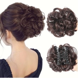 Brown Claw Clip Messy Bun Hair Piece Wavy Chignon Ponytail(6 Brown)