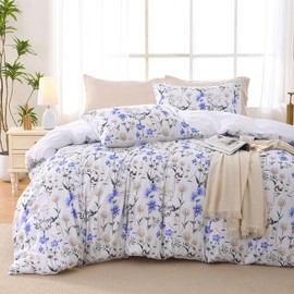 Duvet Cover Queen Size, Reversible Floral Vintage Duvet Cover Set with Zipper Closure, 3 Pieces Botanical Patterns Soft Microfiber Bedding Set (90"x90", 2 Pillow Cases, Purple Blue Daisy)