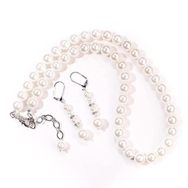 South Sea Shell Pearl 8mm Bridal Necklace, Dangling Earrings Sets, Fancy Rhodium Lobster Clasp with 2" Rhodium Extension Chain, 1.5" Earring Jewelry Set (24" Set)