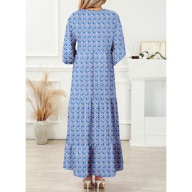 Dokotoo Maxi Dresses for Women Fashion 2024 V Neck Puff Sleeve Long Dresses Smocked Ruffle Flowy Boho Sundresses Casual Loose Plus Size Maxi Dress for Wedding Guest Blue XX-Large