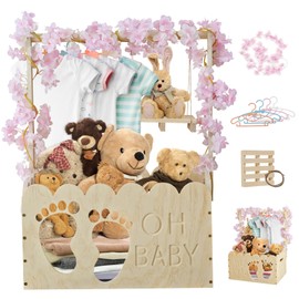 Wooden Baby Shower Crate Closet with Hangers & Handle, Large Wooden Crate for Baby Shower Gifts Display, Newborn Welcome Basket, Nursery Storage & Decor Organizer (Footprint)