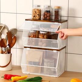 Teenyyou 2 Pcs Stackable Mesh Fruit Basket with Lid Wall Produce Vegetable Storage Basket Onion Potato Hanging Metal Wire Container for Kitchen Counter Pantry(Non-removable,White,7.1"w & 11.8"l)