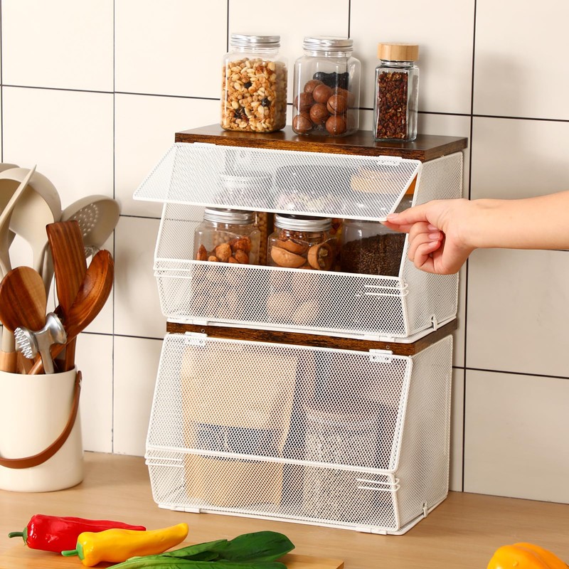 Teenyyou 2 Pcs Stackable Mesh Fruit Basket with Lid Wall