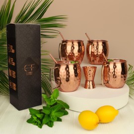 Craft Trade 16oz/500ml Pure Copper Moscow Mule Mugs with 4 Straws 1 Shot Glass Hammered Mugs Drinking Cup Great Dining Bar Gift Set Hotel Beer Mug - Set of 4