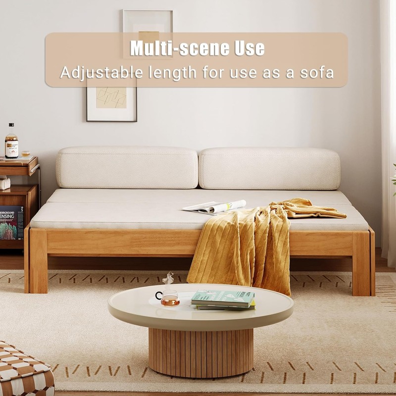 LINSY Wood Bed Frame Full Platform Bed, Retractable Bedframe with