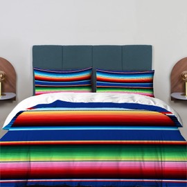 BaoNews Purplish Blue Mexican Stripes Duvet Cover Set King Size,3 Pieces Red Ethnic Serape Bedding Set Hotel Quality 100% Cotton Comforter Cover Set with 2 Pillowcases(No Filler)