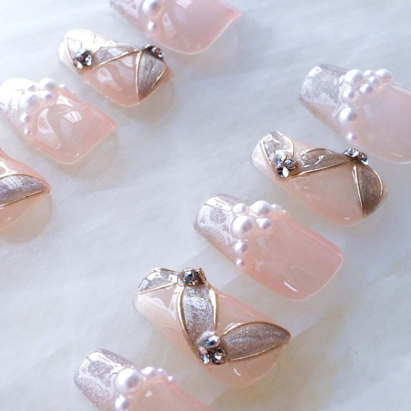 Press-on False Nails, medium ballerina Cat Eye Silk Ribbon with