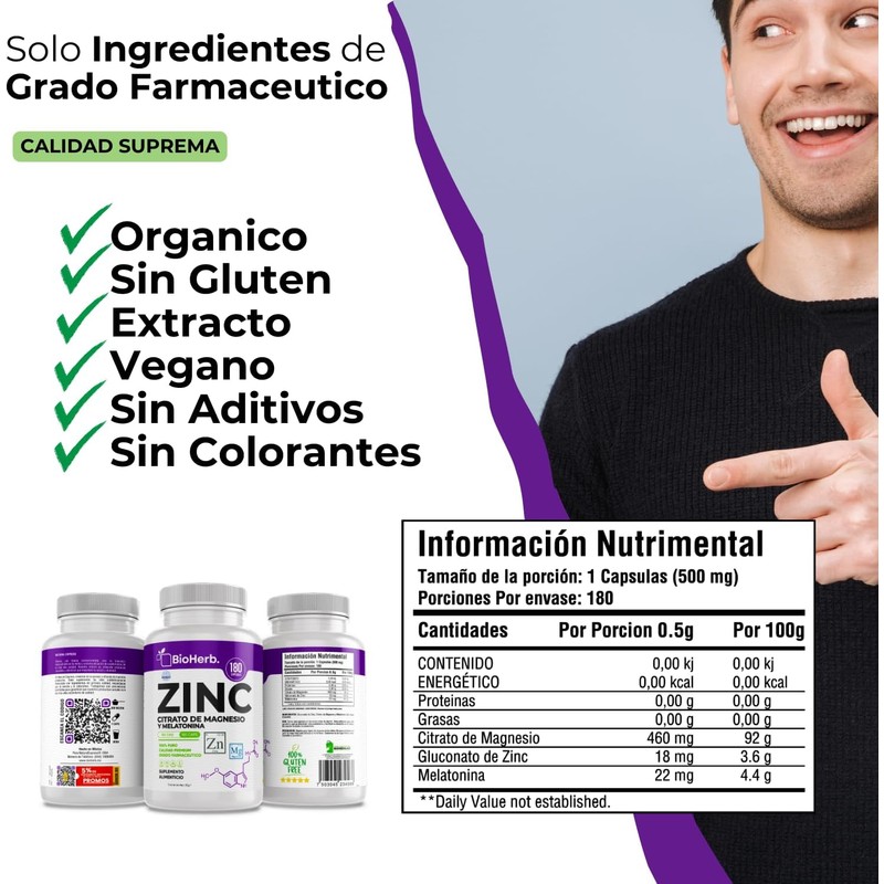 BioHerb Zinc y Magnesio Con Melatonina (180 Capsulas 500mg) |