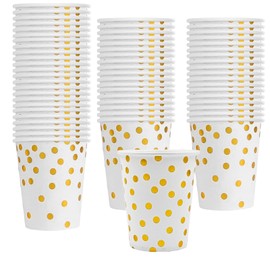 MEGYAD Pack of 100 Paper Cups Paper Drinking Cups: 300 ml Paper Cups with Golden Dot for Coffee Juice Hot Cold Drinks DIY Party Cups for Home Birthday Wedding Christmas Party Picnic