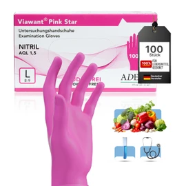 Viawant® Pink Star Disposable Nitrile Gloves L [Pack of 100] Sturdy, Hypoallergenic, Powder-Free & Latex Free - Tear-Resistant Disposable Gloves