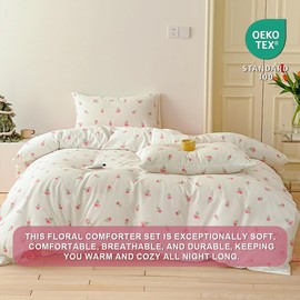 Erwinmu Floral Comforter Set King Size - 3 Pieces Pink White Floral Comforter Bedding Sets Tulips Pattern,King Bed in a Bag with Heart Comforter and 2 Pillowcases