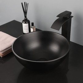 KECTIAKL Bathroom Vessel Sink 13 Inch Black Ceramic Sink with Mixer Tap,Above Counter Round Bathroom Sink Bowl with Waterfall Faucet and Pop-Up Drain Combo