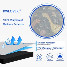 KWLOVER Bed Fitted Sheet and Pillowcases Set,TPU Waterproof Mattress Protector,Dino Printed Bed Sheets for Kids (Navy Blue, Twin)