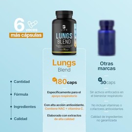 Lungs Blend de 180 Cápsulas. Ingredientes naturales: Cordyceps, NAC, Echinacea, Vitamina C y Eucalipto. Lungs Blend B Life.