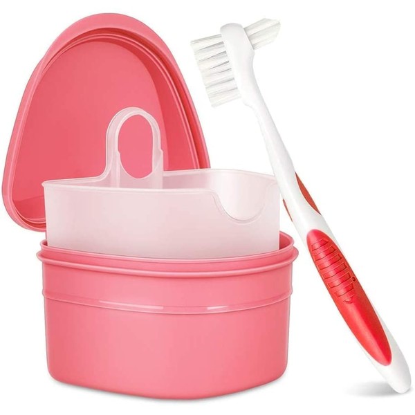 Y-Kelin Denture Cleanning Set Denture Cleaning Case with Denture Brush, Pink