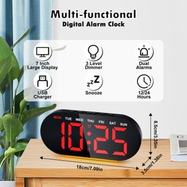 Foyucool Digital Alarm Clock for Bedroom with Nightlight, 7" Large LED Display Bedside Clock, 3 Level Dimmer, Snooze, USB Charger, Date, Week, Temperature, Dual Alarm Clock for Heavy Sleepers