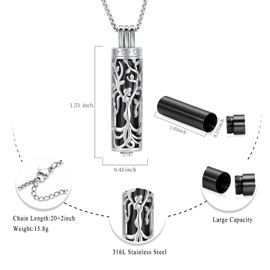 Oinsi Cylinder Urn Necklace for Ashes Angel Tree of Life Cremation Jewelry Hollow Cylinder Vial Pendant Necklace Memorail Ashes Lockets for Loved Ones(Silver-Black)