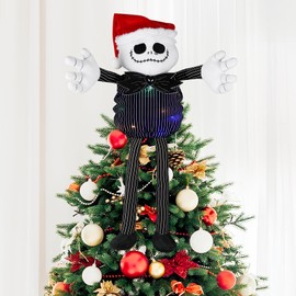 Christmas Tree Topper with Colorful String Light, Stretchable Body Jack Huggers with Santa Hat, Poseable Handmade Tree Topper for Halloween Christmas Party Decor (Jack Tree Topper)