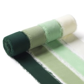 4 Rolls Handmade Fringe Chiffon Ribbon 1"W x 5Yd Per Roll,Green & Cream Silk-Like Ribbons Set (1" x 20Yd, Green & Cream)