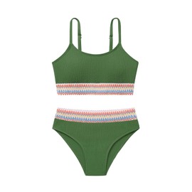 Weixinbuy - Traje de baño para niñas con bloques de color, correa ajustable, dos piezas, traje de baño de playa para niñas de 9 a 16 años, Verde, 15-16 años