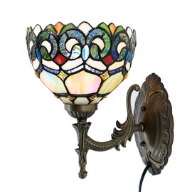 HWDFEI Tiffany Sconce Lamp Stained Glass Wall Lamp,8X10.5X11 Inch Plug in Wall Bedside Light for Hallway Bedroom (Seven Color Baroque)