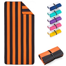 Fit-Flip Microfibre Beach towel - large beach towel - lightweight, compact and super absorbent - sand free quick dry towel, 100% recycled microfibre travel towel – darkgrey-orange stripes 200x90cm