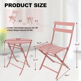 coucheta 3-Piece Patio Bistro Set Folding Bistro Table and 2 Chairs Outdoor Furniture Sets with Premium Frame Space Saving Weather Resistant for Bistro Balcony Yard Garden Porch Lawn Round Tube Pink