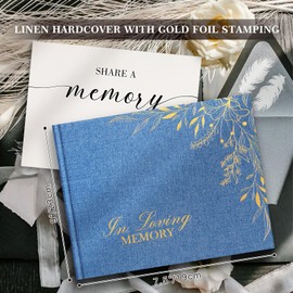 Lanpn Funeral Guest Book for Memorial Service, Linen in Loving Memory Registry Guest Book, Funeral Favors Sign in Books for Guests Celebration of Life Memory Book for Funeral with Table Sign, Blue