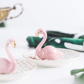 Lependor Luxury Porcelain Adorable Flamingos Jewelry Ring Holder - Ceramic Display - Rack Jewelry Dish Organizer – Perfect for Hold Rings, Chain Bracelets Earrings Trays Dish, Grid Disk - Pink Flamin