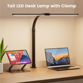 APMIEK LED Desk Lamp for Home Office, 24W Computer Desk Light with Remote Control, Bright Table Lamp with Clamp Dimmable Tall Desktop Lighting with Bendable Gooseneck, Double Head, Black