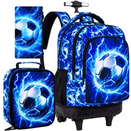 UFNDC 3PCS Rolling Backpack for Boys, Men Lightning Football Backpacks with Wheels，Water-Resistant Travel Roller Wheeled Bookbag