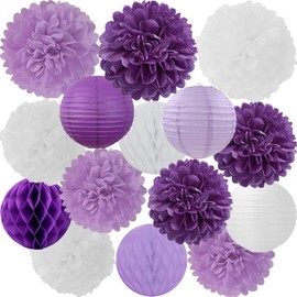 Purple White Paper Flowers Tissue Pom Poms Honeycomb Balls Lanterns 15pcs Party Decorations for Birthday Lavender Baby Shower Wedding Mom Bridal Lilac Retirement Graduation Hanging Decor Mprocherify