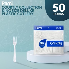 PAMI Heavy-Weight Disposable Plastic Forks [50-Pack] - Bulk King Size Deluxe White Plastic Silverware For Parties, Weddings, Catering Food Stands, Takeaway- Heavy-Duty Single-Use Partyware Forks