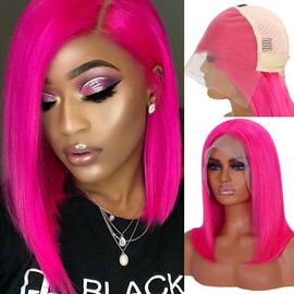 CBQHTY Hot Pink Bob Wig Human Hair Full 13x6 Straight Lace Frontal Wigs 180 Density Pre Plucked with Baby Hair Short Glueless Colored Transparent Lace Wigs for Black Women