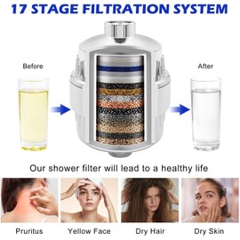 FUN-DRIVING Universal 17 Stage Shower Filter with 2 Pcs Filter Cartridges,Reduce Chlorine Fluoride Heavy Metals,other Sediments, FDSF