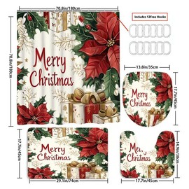 Christmas Floral Shower Curtain Set, Includes Bath Mat, Toilet Lid Cover, U-Shaped Tray, Festive Bathroom Decor Gift:_Pure White_180cm*180cm/78.2inch*78.2inch