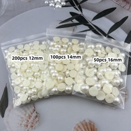 YHYPOCI 350pcs Half Pearls for Crafts Assorted Size 12mm 14mm 16mm Flatback Half Round Pearl Beads for Jewelry Making Nail Art Scrapbook Craft Wedding Dress Decoration(Ivory White)