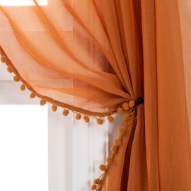 Selectex Linen Look Pom Pom Tasseled Sheer Curtains - Rod Pocket Voile Semi-Sheer Curtains for Living and Bedroom, Set of 2 Curtain Panels (52 x 84 inch, Pumpkin Yellow)