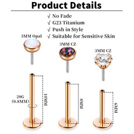 Vegolita 16G 18G 20G 3PCS G23 Titanium Push in Labret Monroe Stud Threadless Lip Ring Opal CZ Nose Stud Pure Titanium for Sensitive Skin Cartilage Helix Tragus Earrings Stud 6MM 8MM 10MM 20G Rose Gold