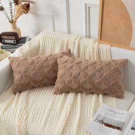 UGASA Fall Soft Plush Faux Fur Throw Pillow Covers 12x20 Inch Set of 2 Luxury Jacquard Fluffy Boho Pattern Decorative Throw Pillows Pillowcases for Couch Sofa Home Decor Living Room, Light Brown