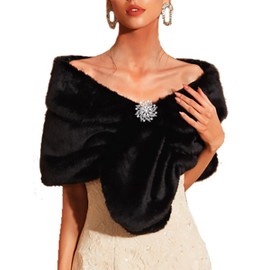 Faux Fur Wraps and Shawls Wedding Fur Stoles Scarf Women's Faux Fur Scarf with Brooch for Bride and Bridesmaids (black)