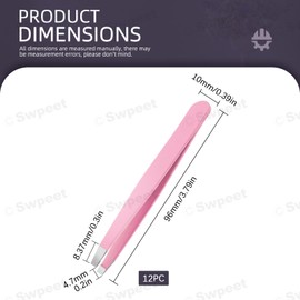 Swpeet Slant 12 Pieces 3.79 Inch Pink Eyebrow Tweezers Stainless Steel Slanted Tip Tweezers Kit, Professional Face and Hair Remover, Slanted Tip Precision Tweezers for Men and Women