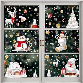370 Pcs Christmas Window Clings Xmas Decals Stickers Decor with Snowflake Santa Claus Reindeer for Holiday Party Window Glass Decoration, 8 Sheet