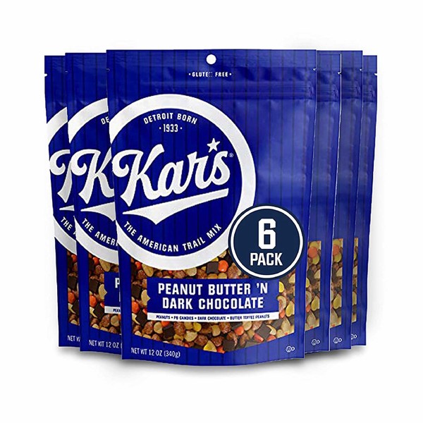 Kar's Nuts Peanut Butter 'N Dark Chocolate Trail Mix Snacks - Roasted Peanuts, Peanut Butter Candies, Dark Chocolate & Butter Toffee Peanuts, 12 oz Resealable Pouch (Pack of 6)