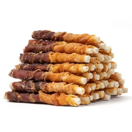 MON2SUN Dog Treats 5 Inch Double Flavor Chicken & Duck Wrapped Rawhide Sticks, Teeth Cleaning for Small Dogs, 21.16 oz (40 Count)